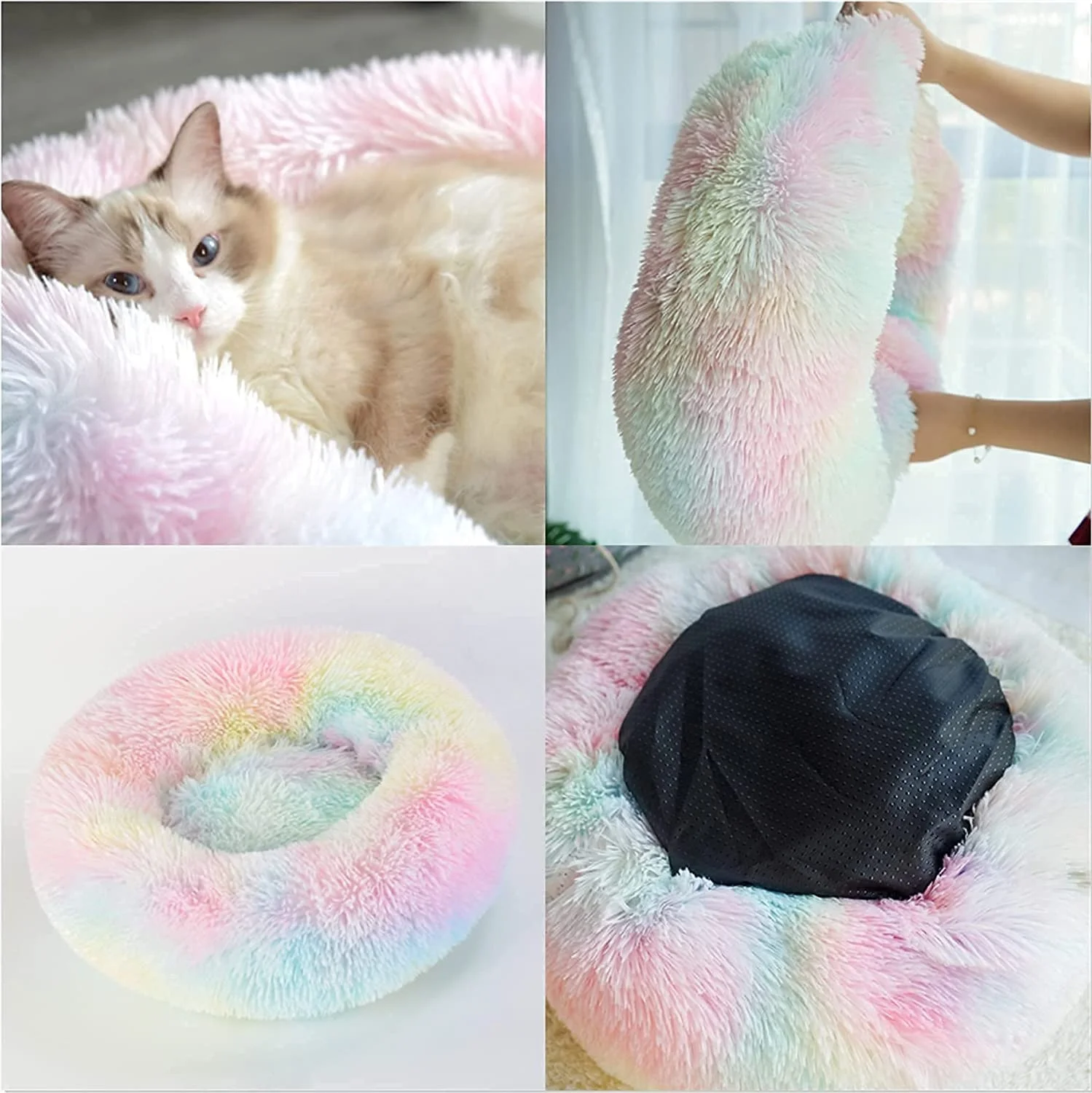 Solid Print Breathable Durable Fluffy Comfort Round Soft Faux Fur Washable Plush Custom Non Slip Calming Waterproof Dog Bed