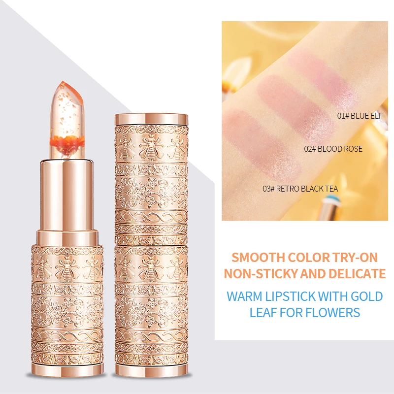 Wholesale 3 Color Crystal Flower Jelly Lip Balm with Gold Foil PH Temperature Sensitive Non-stick Cup OEM Lipstick