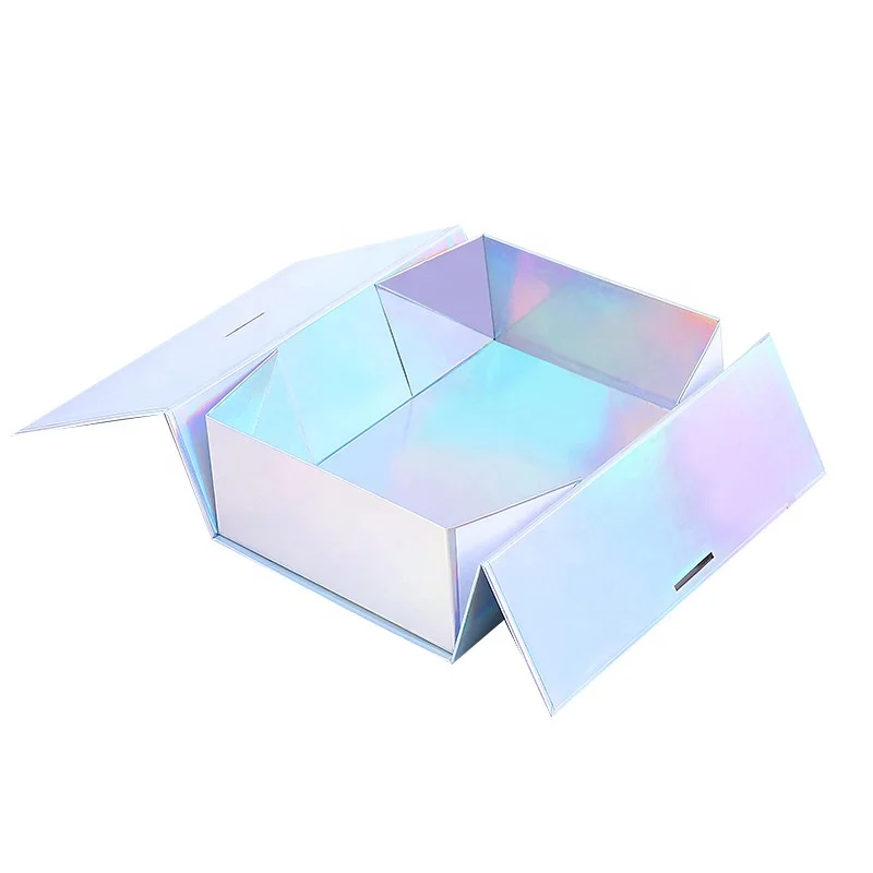 Manufacturer Laser Rainbow Color Gift Box Double Door Luxury Folding Packaging Box With Bow