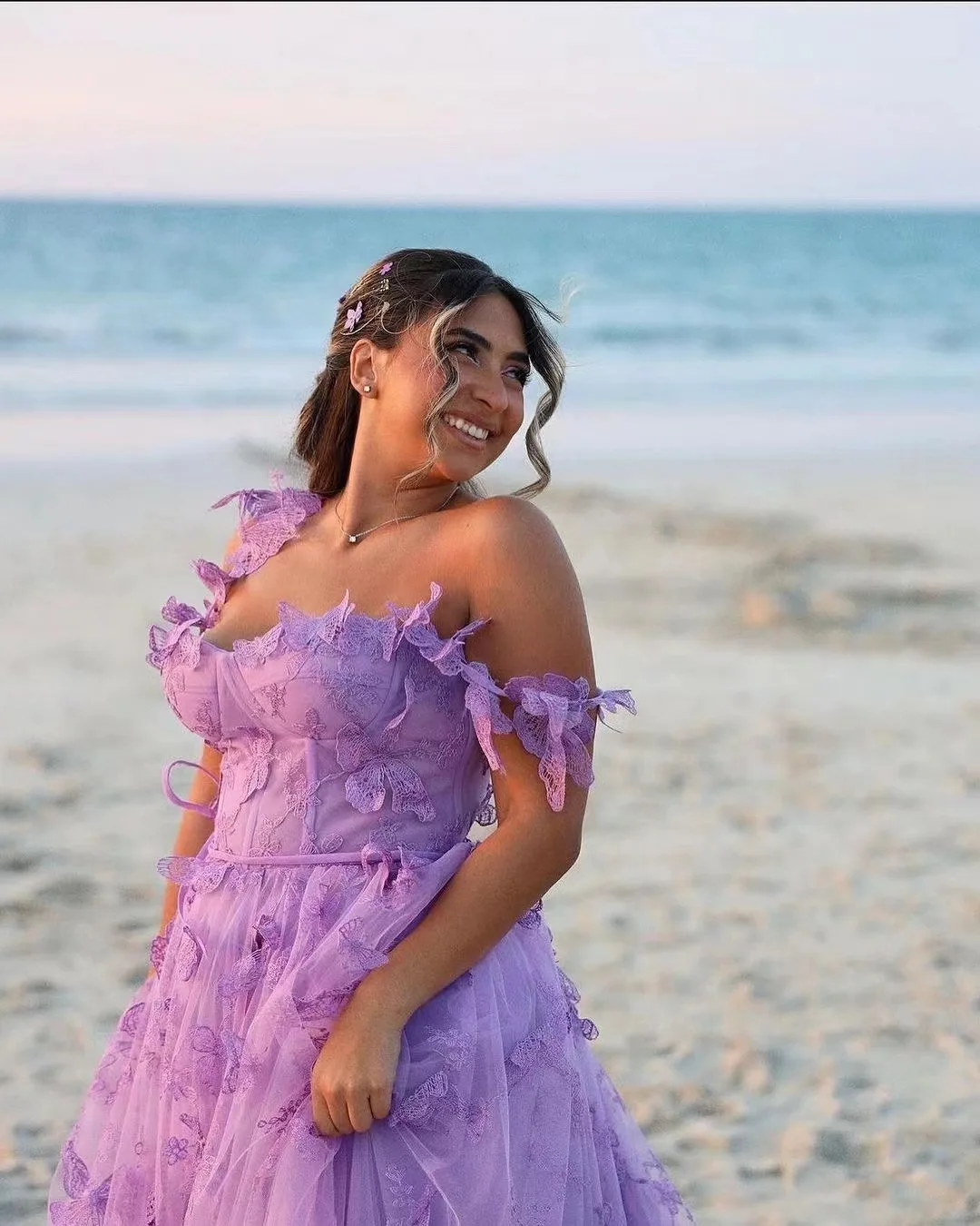 Customable Spaghetti A-Line Split Evening Dresses Sweetheart Lace Princess Long 3D Butterfly Applique Prom Dress