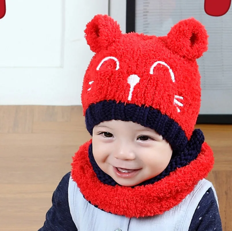 Корейские Мультяшные трендовые детские теплые шапки, шапки с котом, детские шерстяные шарфы, шапки, набор из двух предметов, Детские осенне-зимние шапки с ушками