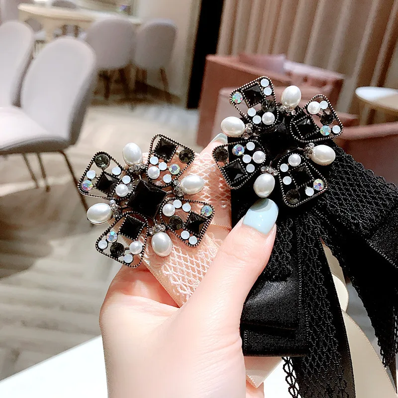 black pink lace silk fabric ribbon bow butterfly brooch necktie pearl crystal cross cloth collar accessories girl female brooch