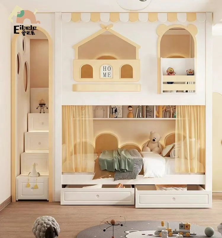 High Quality Indoor Bedroom Furniture Set Kids Wooden Double Bunk Beds for Children with Drawer Stairs and Slide