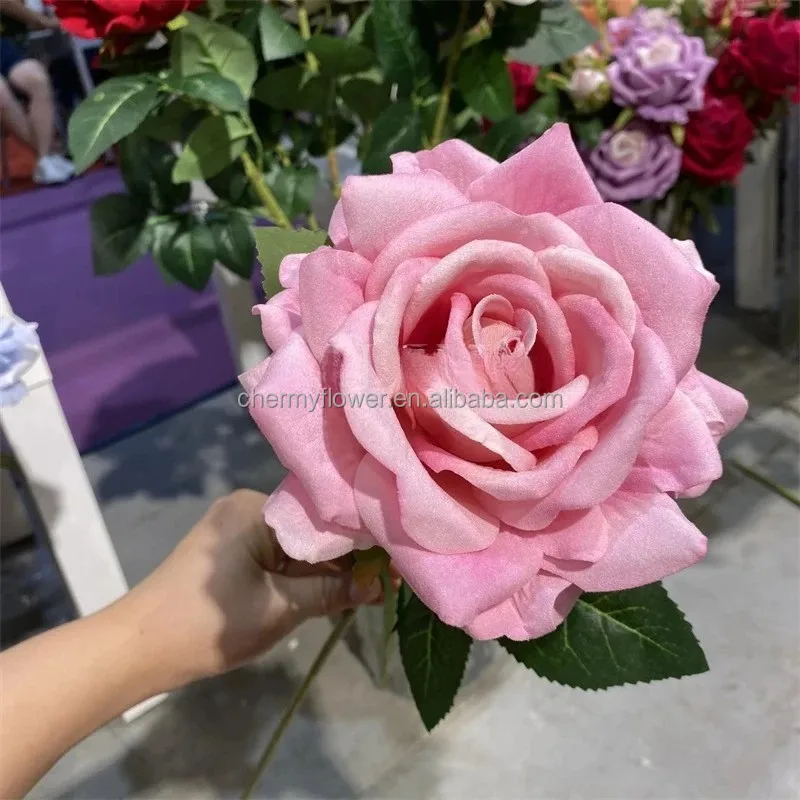 CM-TH883 Large Head Velvet Rose Artificial Red Pink Rose Velvet Flower for Home Decor