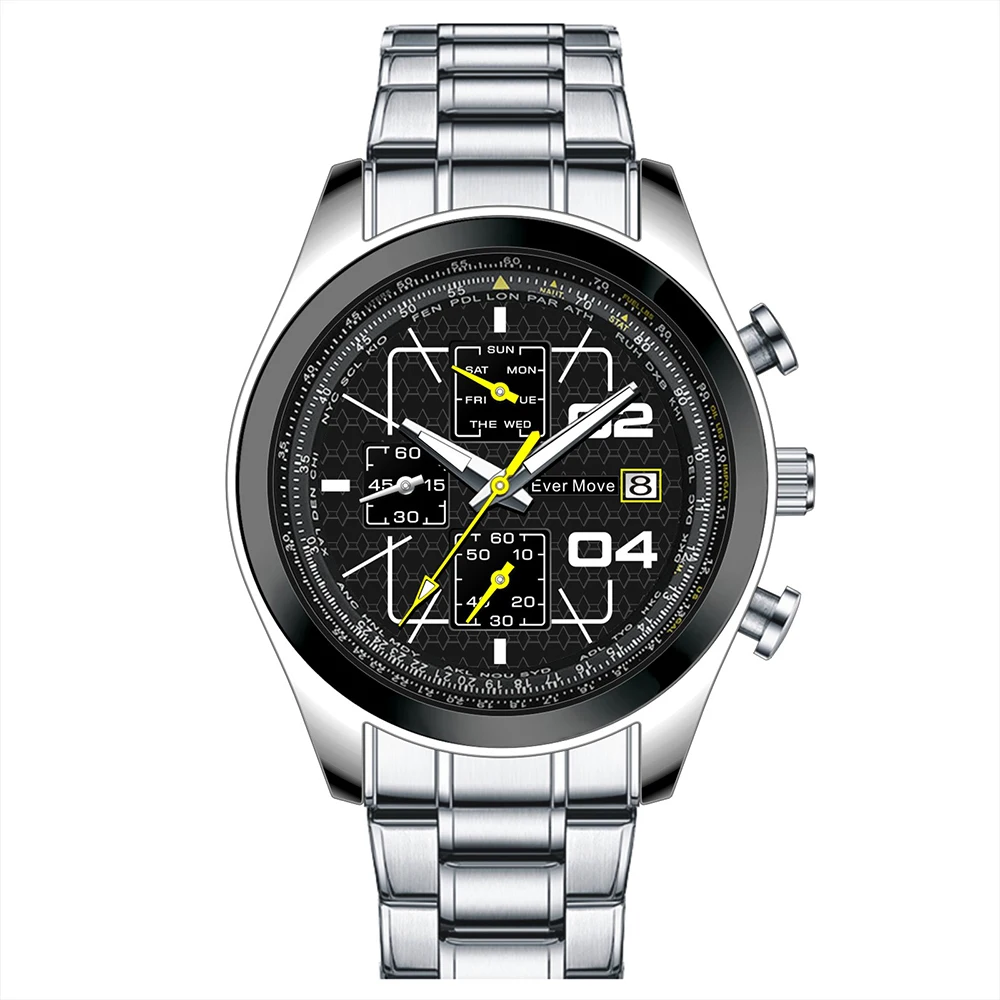 New Design 6-Hand Chronograph Quartz Watch Waterproof Stainless Steel Strap