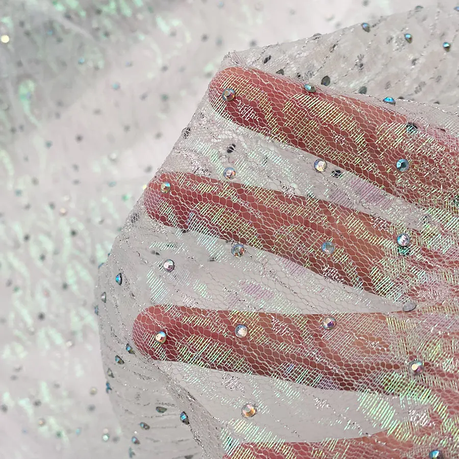 2022 new design shiny multicolor peacock feather pattern rhinestone process jacquard lurex mesh with stone