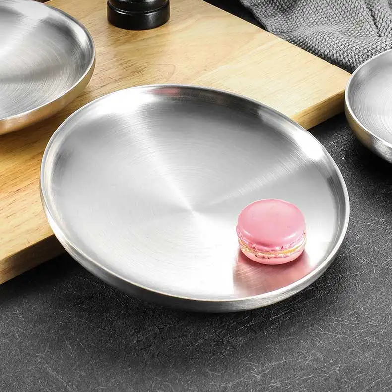 Korean Style Double Wall BBQ Plate Dinnerware Stainless Steel 304 Round Shape Dish Plate Tableware Snack Food Serving Plate For