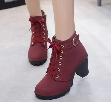 Winter spring short boot woman ankle boots Lace-up Ladies high heel feman shoes vintage female thick square heel boots