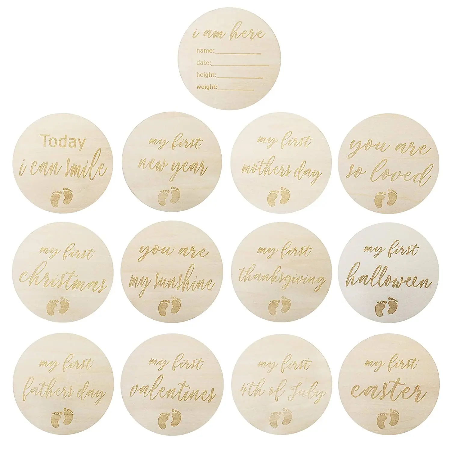 4 Inch Baby Monthly Milestone Wooden Discs 13 Double Sided Cards Newborn Photo Props Welcome Announcement Birth Gift Age Blocks