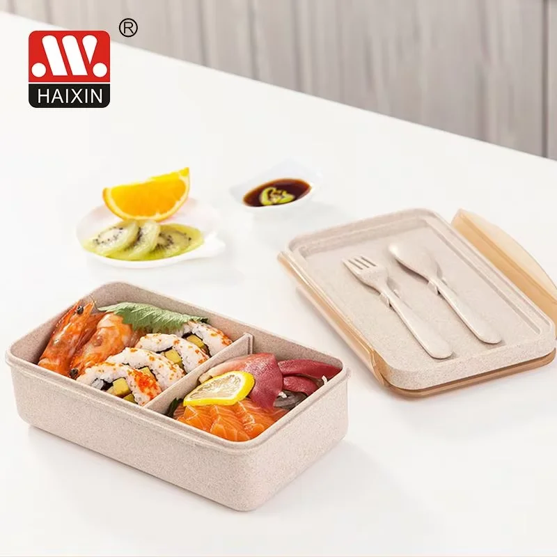 HAIXIN 2 compartments 1L Child Food Storage School Wheat Straw Bento Box With Tableware