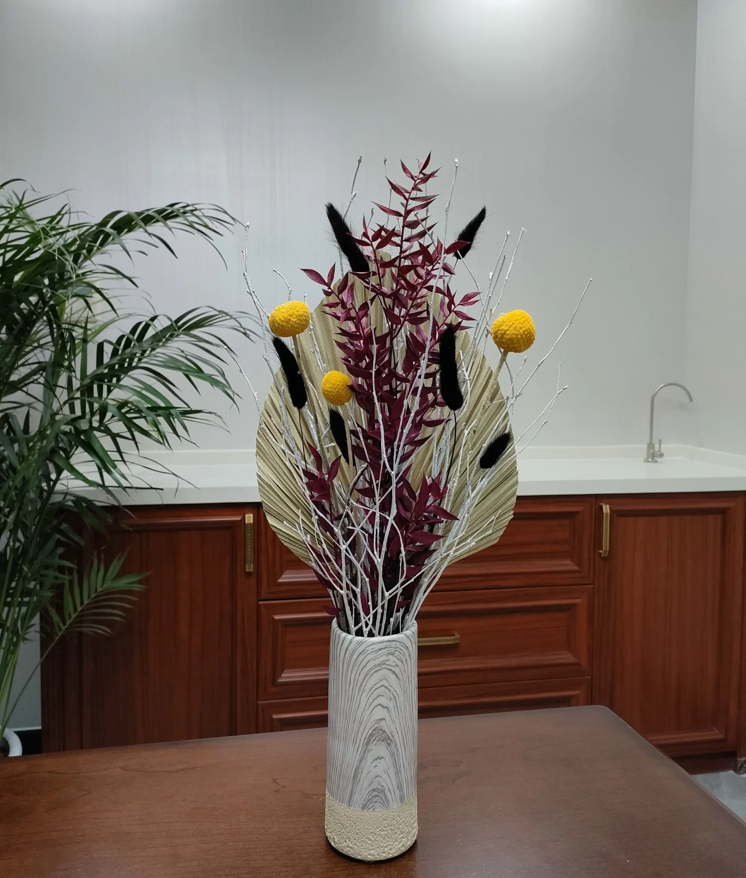 Dried Natural Flower bouquet Palm Leaves, Birch Branches, Bunny tails grass, Yellow Billy Balls,Home Decoration Amazon choice