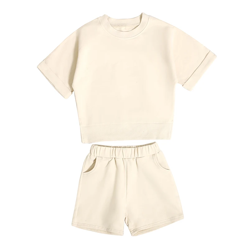 China Online Sale Summer Children Sport Outfits French Terry Kids Sets Cotton Pocket Short Elastic Waistband Pants Suits