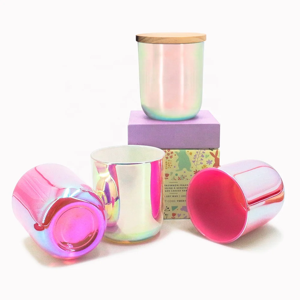 FENGJUN Luxury Iridescent Candle Jar Unique Holographic Glass Candle Holder candles jars with lid