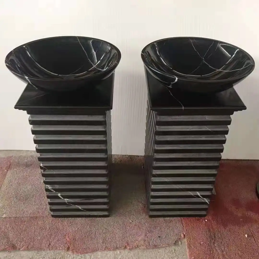 Natural black marble stone pedestal sink