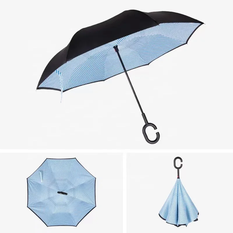 New Model Inverted Reverse Umbrella Double Layers Sun Rain Car Umbrella Upside Down Umbrella Automatic With C Shape Handle