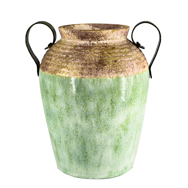 
Luxury Hand Painted Flower Clay Vase With Metallic Handles Ceramic Vase Good Quality Vase 