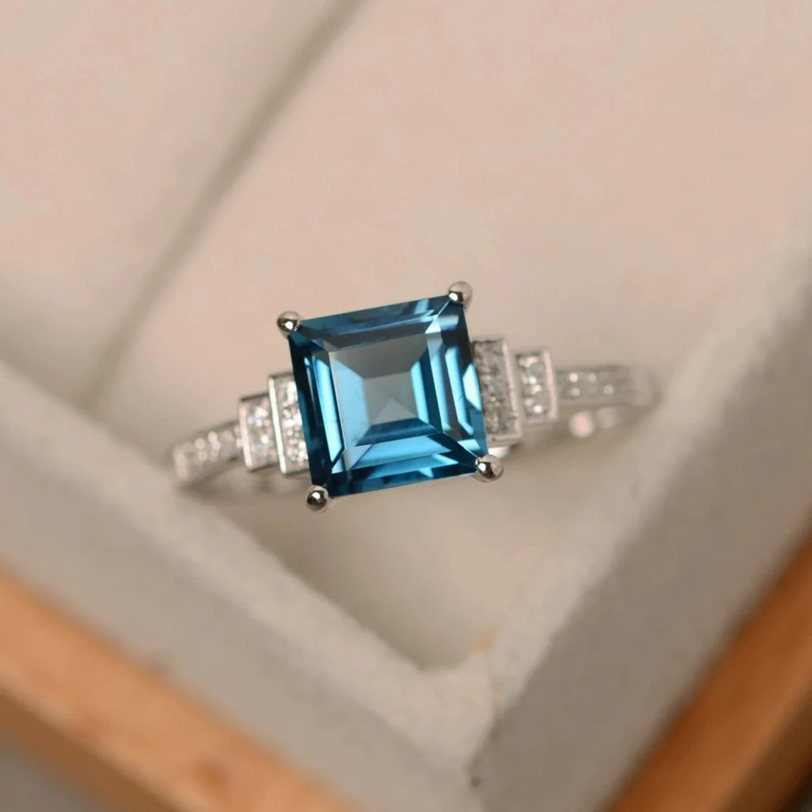 November Birthstone London Blue Topaz Ring Square Cut Ring Sterling Silver For Women Engagement Ring