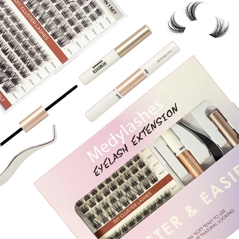 Medylashes Eyelash Extensions Kit Private Label Natural Cluster Lashes Kit Diy Lash Sealant And Bond Cluster Diy Ribbon Lashes