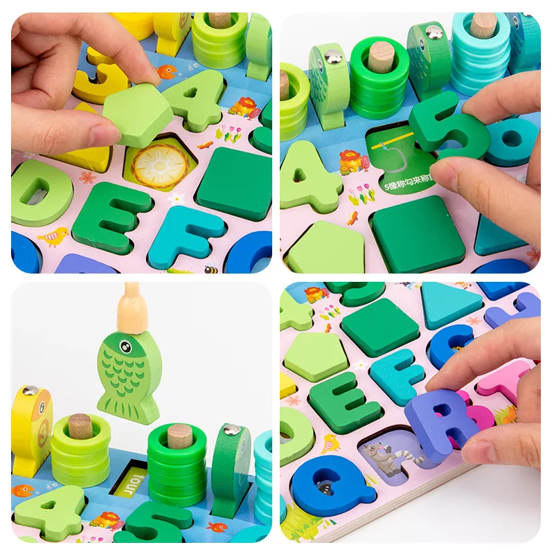 Wholesale Montessori Educational Mathematics Smart Games fishing Sensory Toys Geometric Shapes wooden baby toy