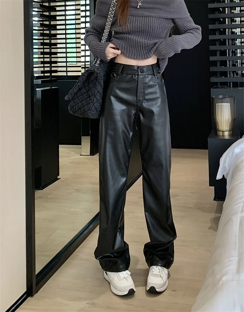 Autumn Newest Design Pants Women Long PU Zipper Waist Casual Trousers For Ladies