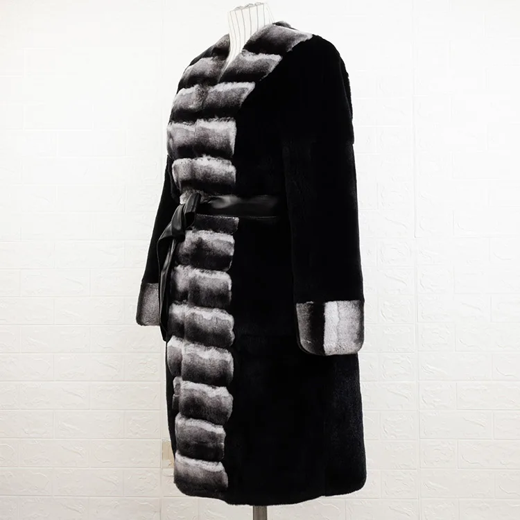 wholesale dyed chinchilla fur coat with belt black color long real rex rabbit fur coat for women