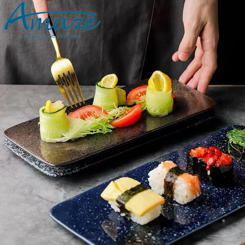 Japanese style rectangle dessert sushi serving ceramic restaurant black tray plates for sale