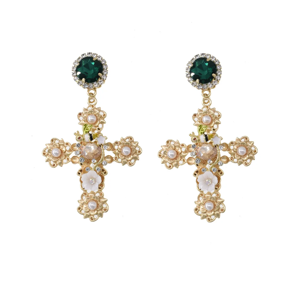 Stylish Temperament Elegant Personalized Retro Cross White Porcelain Flower Metal Earrings Jewelry Wholesale