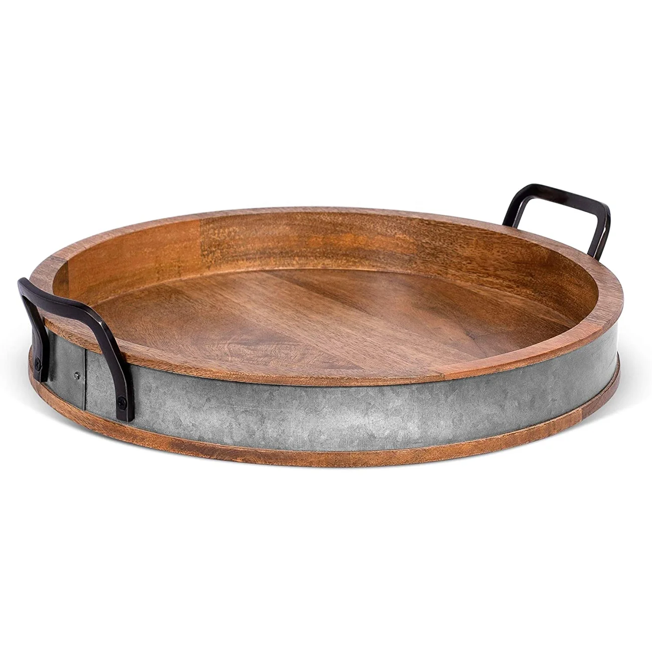 
Wooden Serving Tray with Handles Iron Accents Round Barrel Top Breakfast Trays Tea Cheese Board Coffee Table Decor Natural Wood 