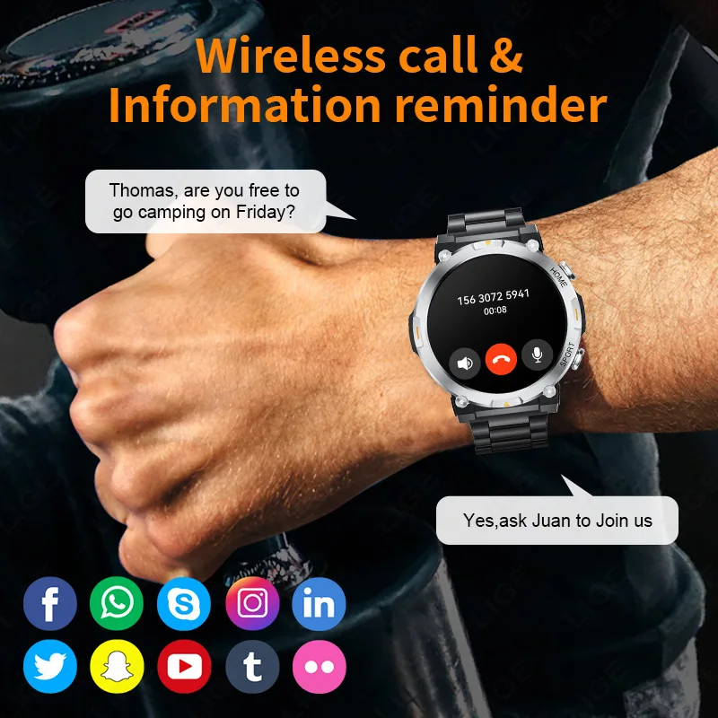 LIGE BW0737 high quality Chinese man smart watch authentic steel Strap bluetooth Motion monitoring in stock summer hand watch