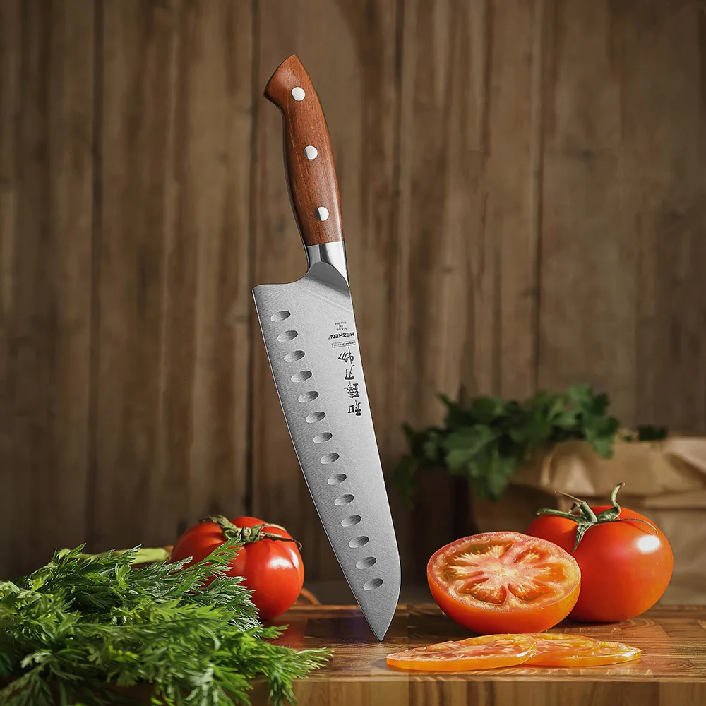 HEZHEN New High Quality Granton Edge Chef Knife German Stainless Steel Red Wood Handle Handmade Santoku Knives