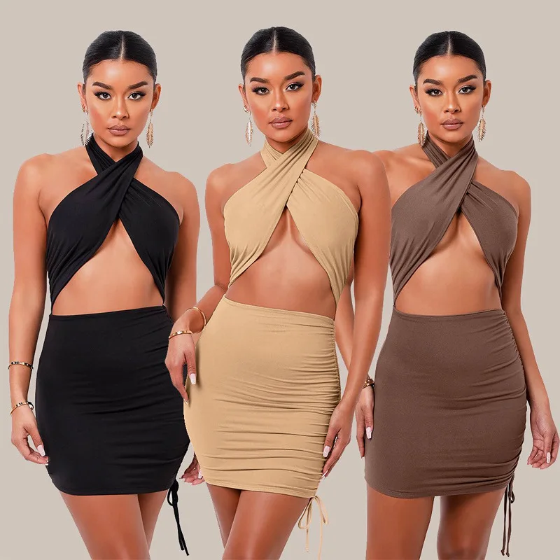 
Summer 2021 Sexy Solid Color Drawstring Pleated Cross Halter Neck Bodycon Mini Dress For Women 