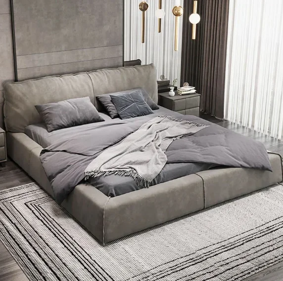 2023 New Nordic modern bedroom furniture master bedroom soft leather double bed simple style bedroom king smart bed