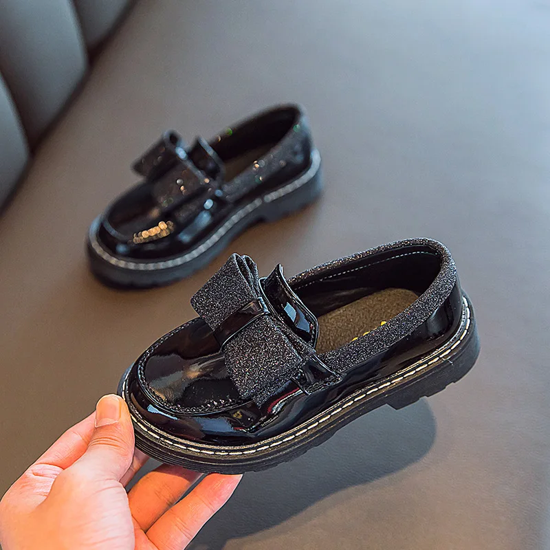 Black school shoes for girls bow leather shoes for children kids girls school shoes