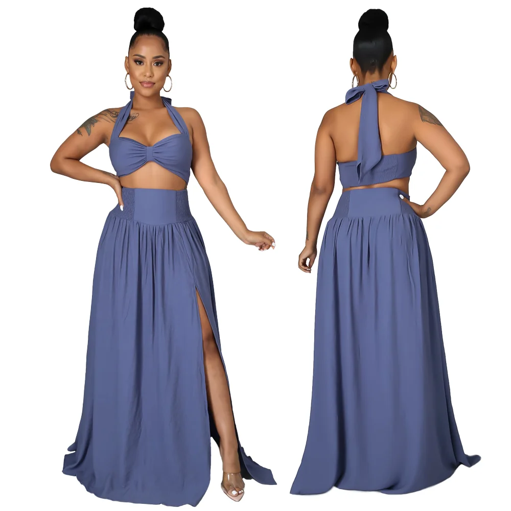 
Two pieces 3XL Women Dresses Blue White Crop Top Halter Backless Slit Long Dress Ladies Vestidos casuales 