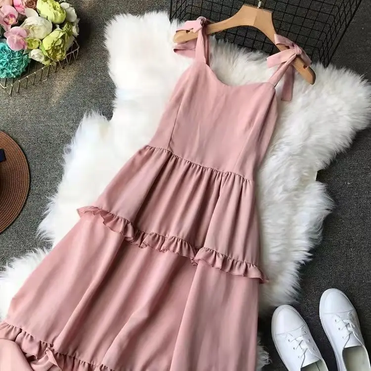 50% off New Women Elegant Ladies Elastic Waist Dresses Pure Color Tie Straps Bow Mid-Length Skirt With Suspenders And Is Slimmer