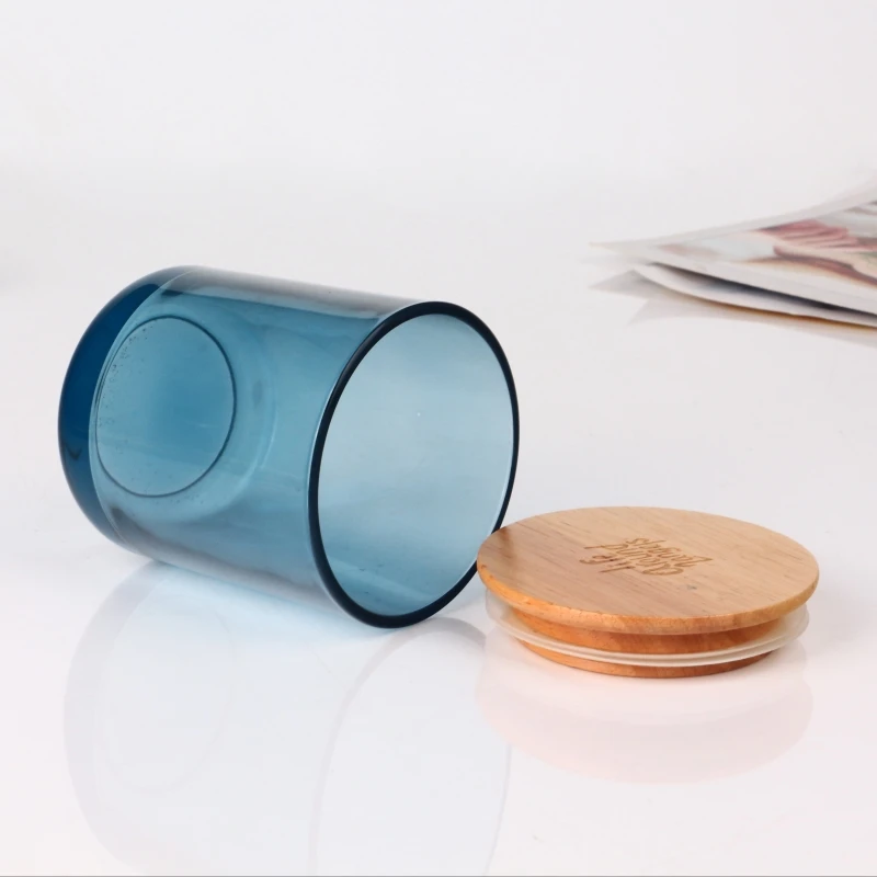 8oz 10oz Round Shape Empty Blue Translucent Glass Candle Jars with Bamboo Lids in Bulk Candle Glass Jar For Candle Making