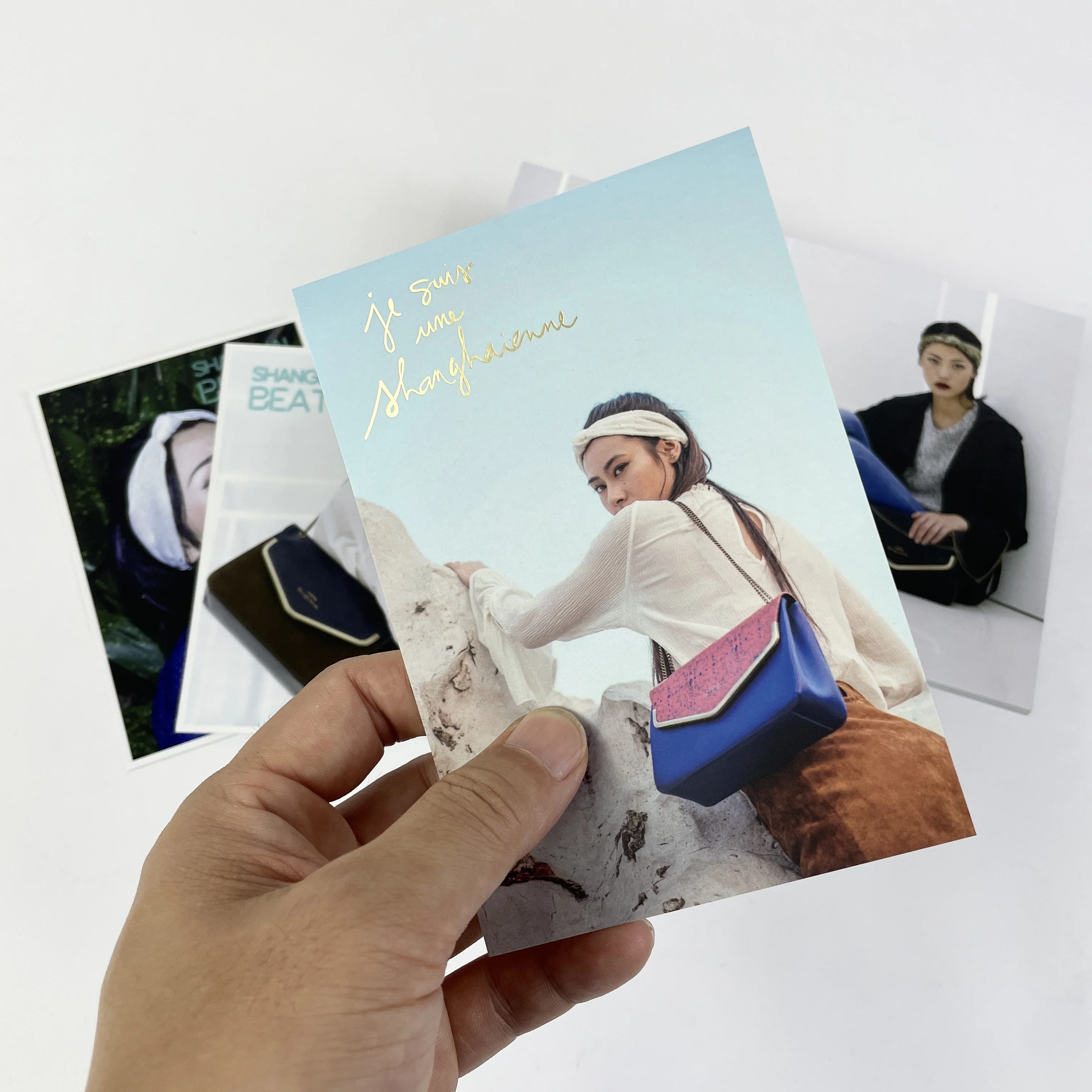 Custom Fashion Postcard with Matte Lamination and Gold Foil Stamping on Thick Card for Product Promotion