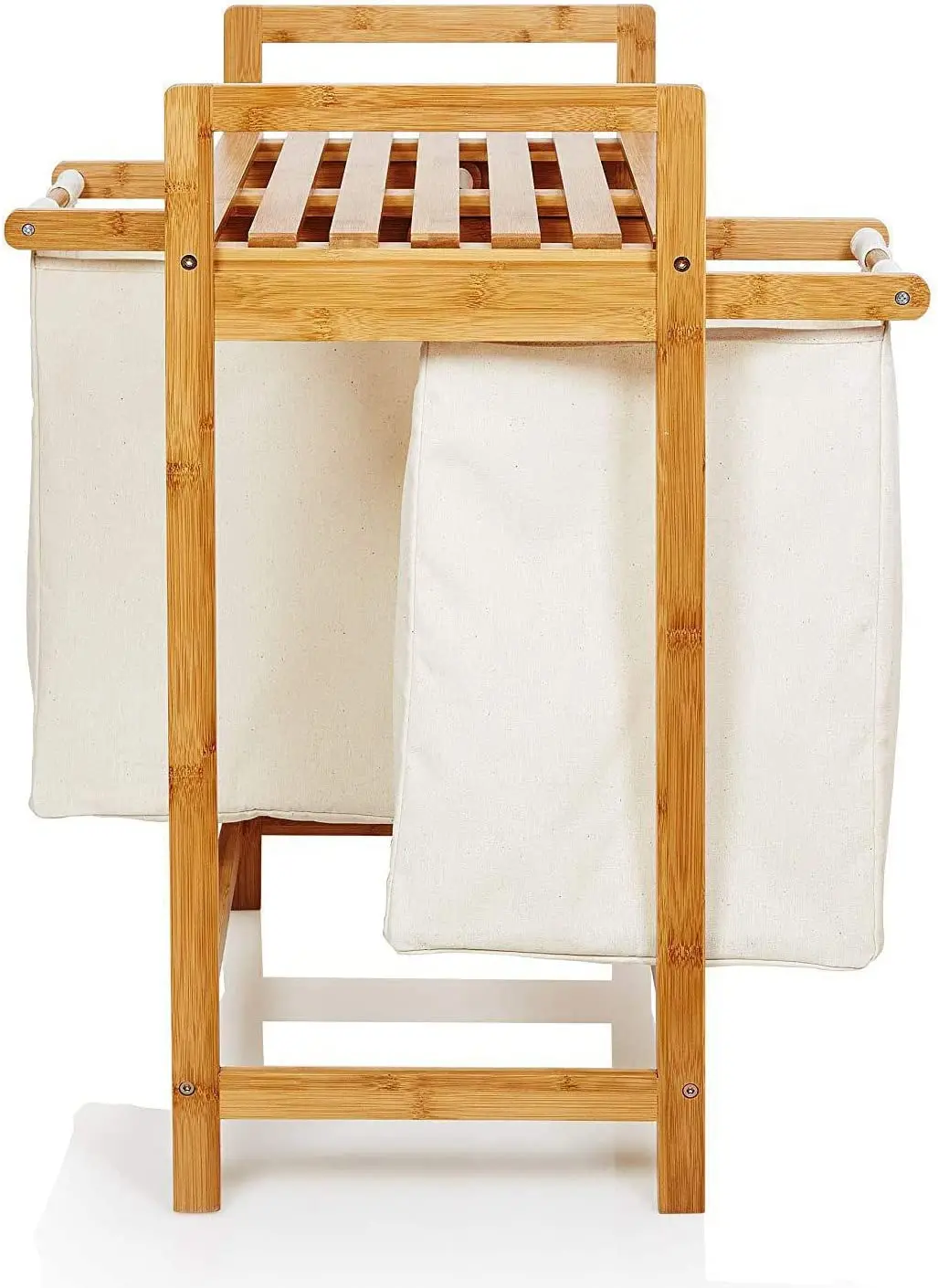 Portable Bamboo Laundry Hamper with Dual Compartments 2 section Laundry Basket with Removable Sliding Bags