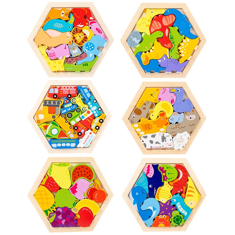 3D Painted Wooden Puzzle for Kids Montessori Teaching Animals Fruits Dinosaurs Farm Transportation Building Blocks Gift