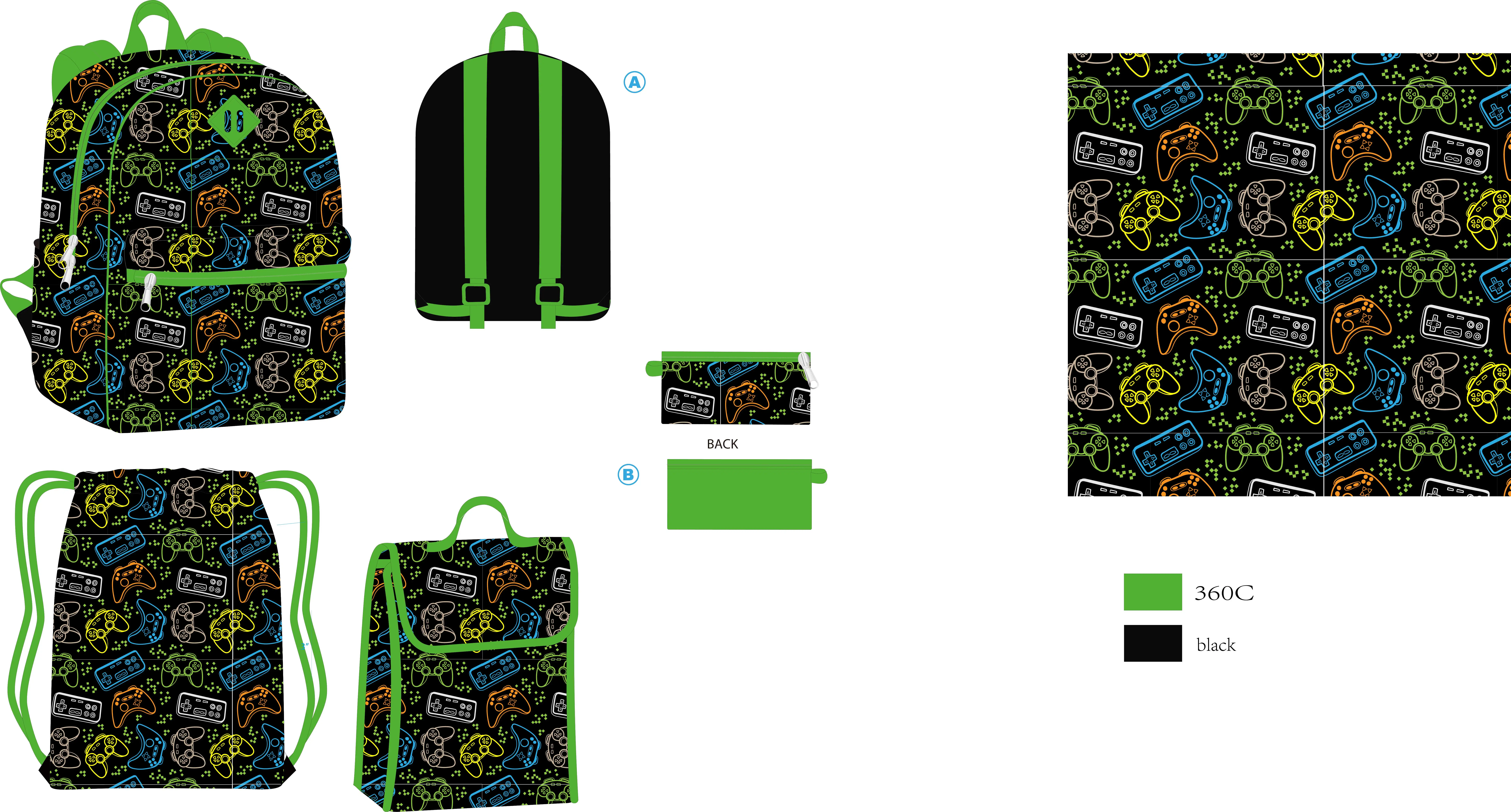 Custom 5 in 1 sets kids back to school bag sets with lunch bag, pencil case ,cooler bag and drawstring bag for boy and girls