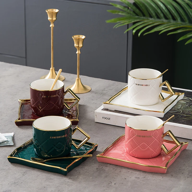 Flypeak wholesale Nordic Ceramic coffee cups mugs Coffee tea Cup and saucer sets gold handle ceramic coffee mug tazas