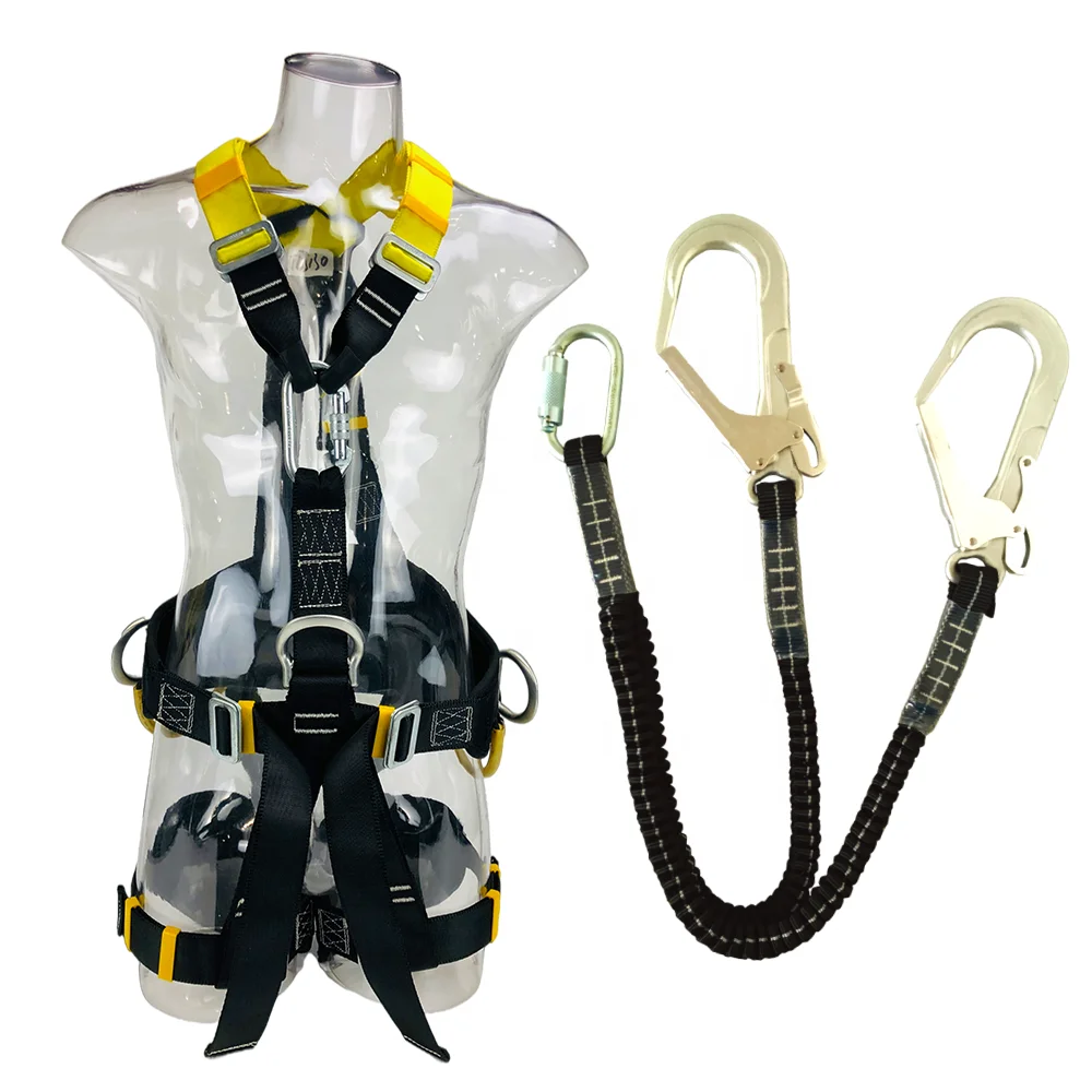 Tower climbing full body safety harness with shock absorbing double lanyard