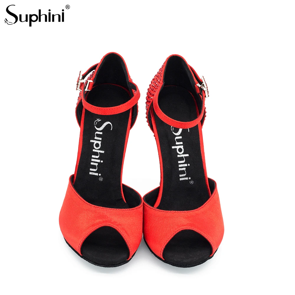 Suphini Свадебные Роскошные танцевальные туфли на каблуках для вечеринки женские красные кристаллы/атласные сальсы