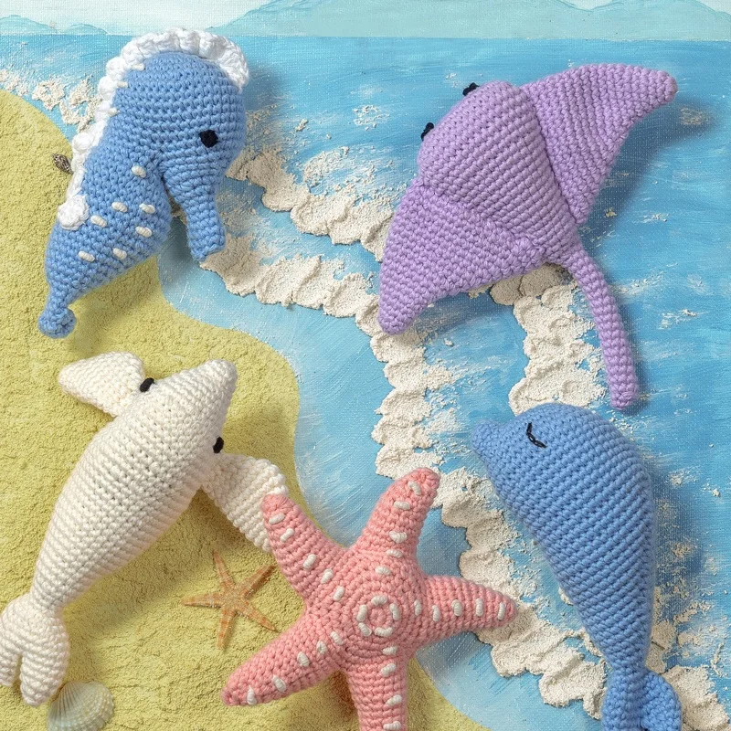 New style Wood Baby Rattle Wooden Teether Crochet seahorse Turtle doll Teething Ring Crochet Wooden Rattle for Baby Boys Girls