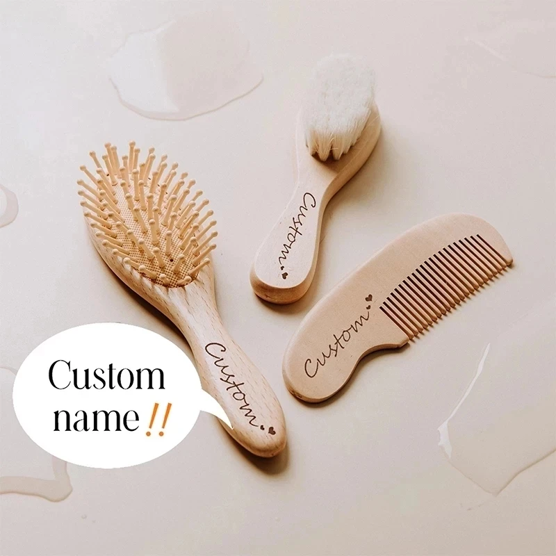 Hot Sale Newborn Supplies Wooden Brushes Natural Goat Bristles Baby Brush and Comb Set