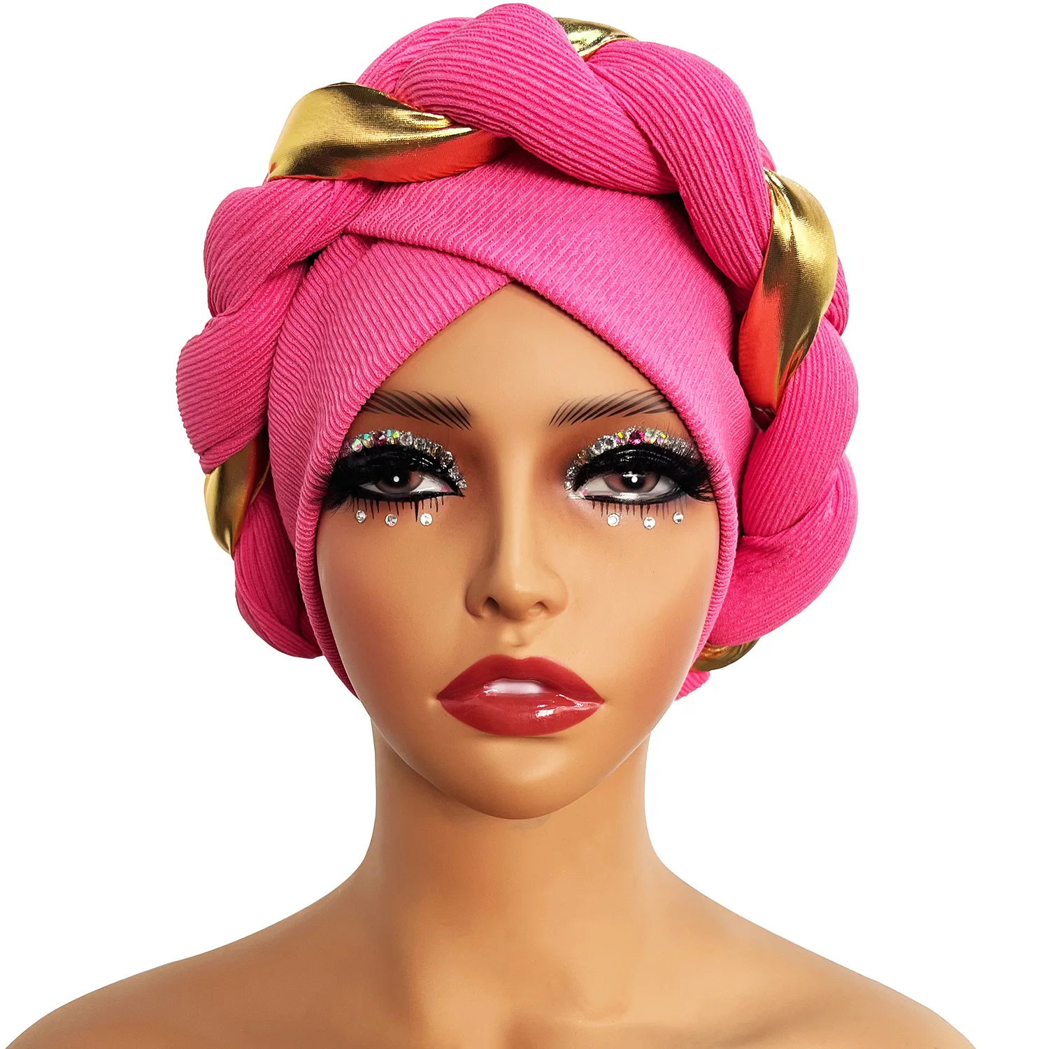 HZM-23431 Wholesale Latest Shiny Braided Party Cap Wear Head Wraps Luxury Elastic Muslim Bonnet African Turban For Women