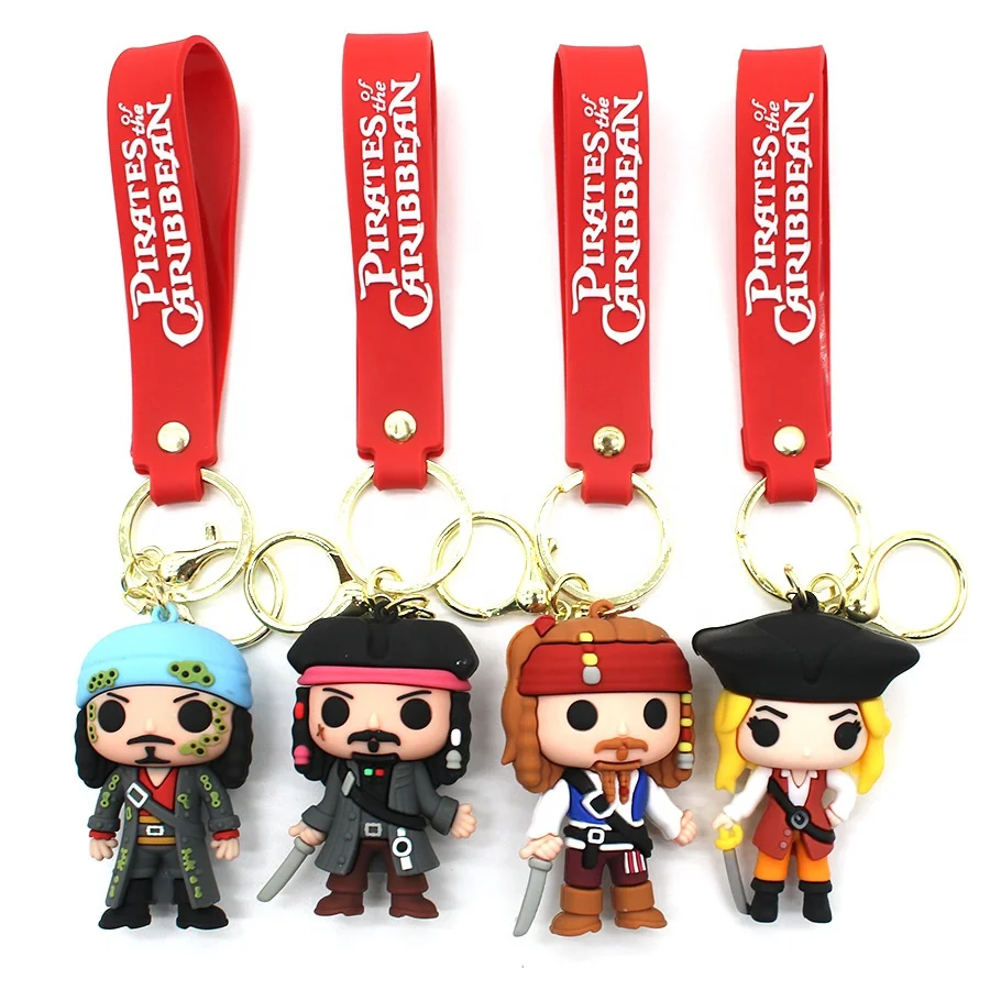 3D Cartoon Pirates Keychain Cute Style Jack Sparrow Big Head Silicone Metal Keyring Purse Wallet Wristlet Car Key Ring