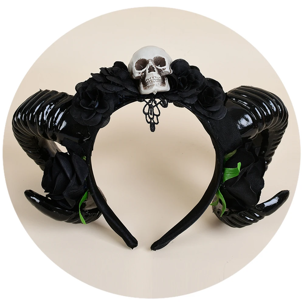 Skull Black Flower Studded Devil Horn Ram Demon Goat Claw Costume Fashion Headband Antlers Cosplay Female Sheep Headdress Gothic