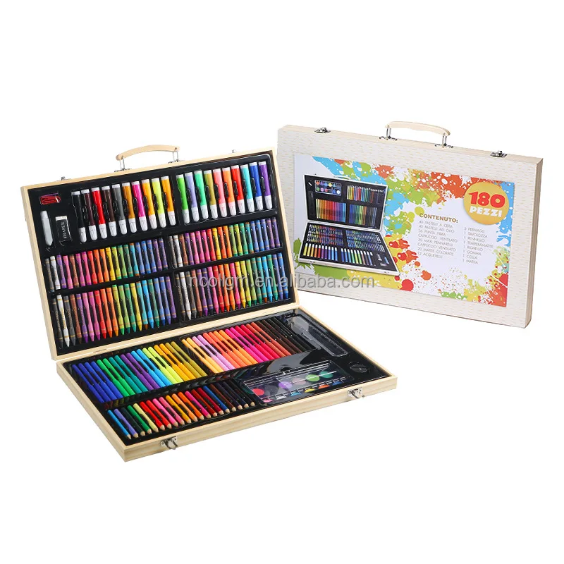 Hot sale Stationery Gift Drawing Set Case 180pcs Art Tool Kit Non-toxic for Kids Drawing Art Set with Wooden