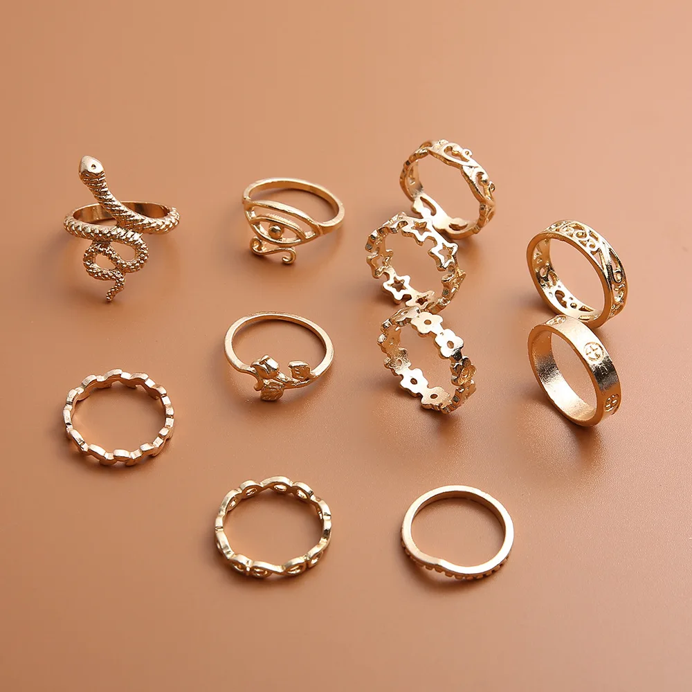Bohemian Ring creative  retro geometric ring full of diamonds shining snake-shaped 11-piece combination joint Snake ring